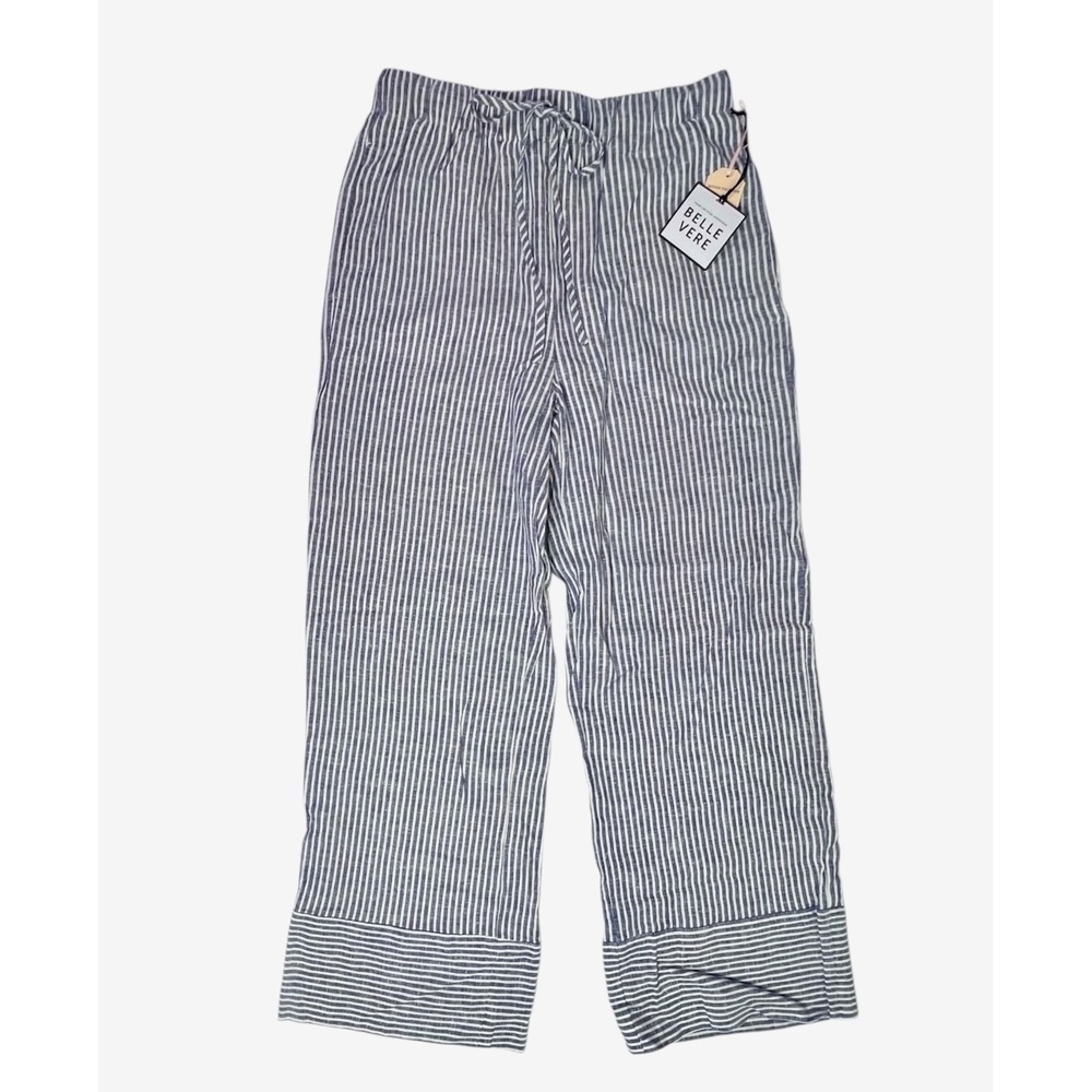 NWT Belle Vere Womens Linen Blend Striped Wide Leg Pants White Blue Pockets 6